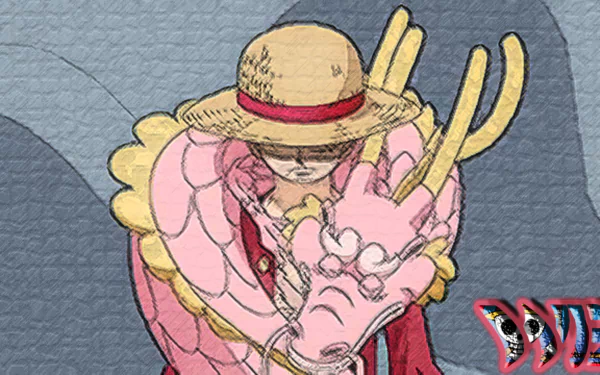 HD anime desktop wallpaper featuring Monkey D. Luffy and Kozuki Momonosuke from One Piece with a textured background.