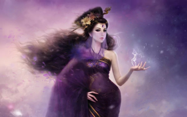 Fantasy HD PC desktop wallpaper by Ruoxing Zhang features a mystical woman in flowing dark attire, surrounded by ethereal purple and blue smoke.