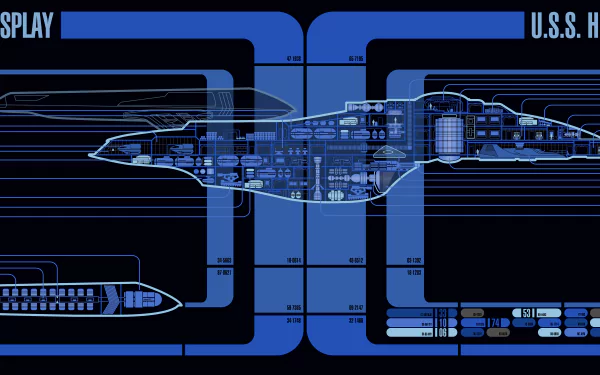 Sci‑Fi Star Trek 8K Ultra HD PC desktop wallpaper: blue technical cutaway of a starship showing interior decks, engines and bridge schematics.