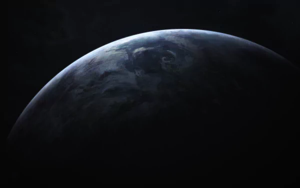 A Sci-Fi HD desktop wallpaper showing a dark, mysterious planet partly illuminated, set against a deep black background.