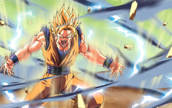 HD PC desktop wallpaper featuring Goku in his Super Saiyan form from the video game Dragon Ball Z: Ultime Menace, surrounded by energy and debris.