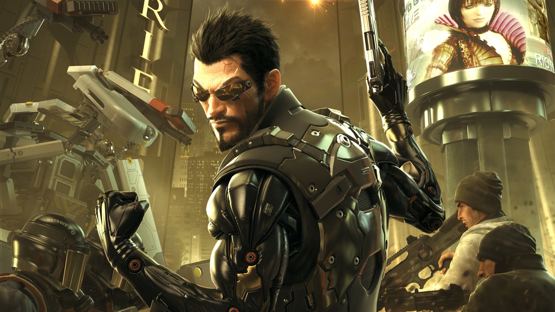 HD PC desktop wallpaper: Adam Jensen from Deus Ex: Human Revolution, armored augmented suit and cybernetic arm raised with pistol against a neon dystopian cityscape.