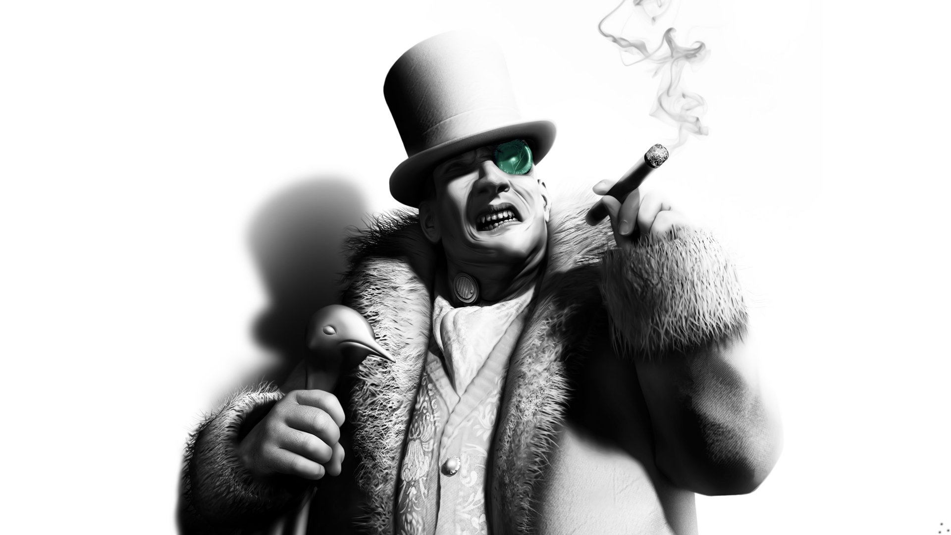 HD PC desktop wallpaper of the Penguin from the video game Batman: Arkham City—top hat and fur coat, cigar in hand and a glowing green monocle against a stark white background.