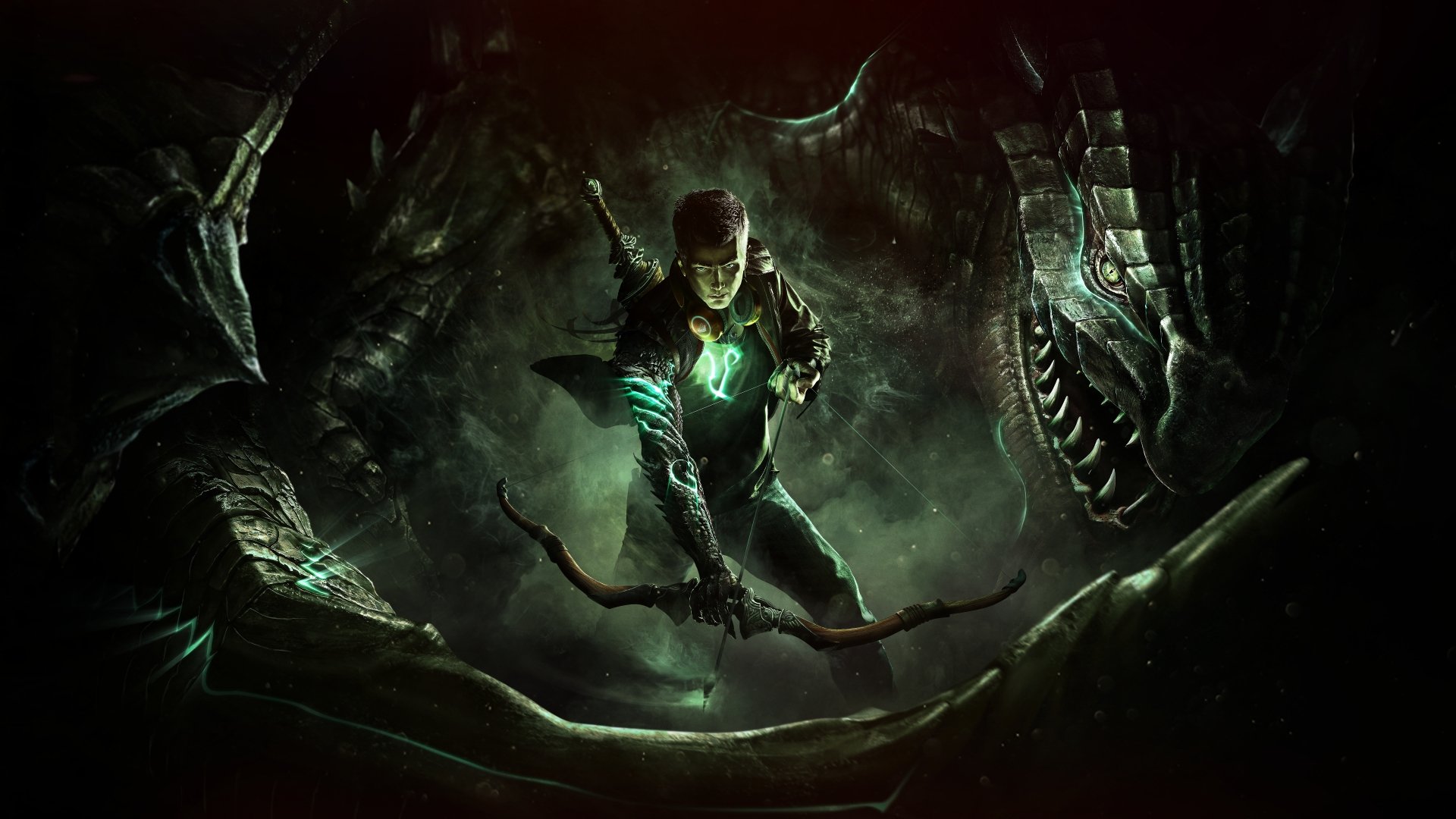 8K Ultra HD Scalebound video game wallpaper featuring a character armed with a bow facing two large dragons in a dark, atmospheric setting.