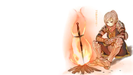 An HD desktop wallpaper featuring a character from Dark Souls II, sitting by a campfire, with an iconic sword resting in the flames. The artwork captures the game's dark and atmospheric style.