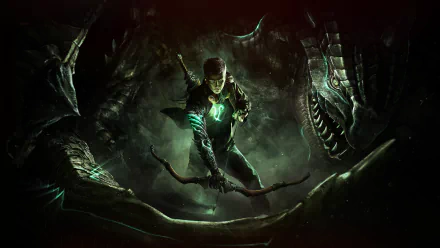 8K Ultra HD Scalebound video game wallpaper featuring a character armed with a bow facing two large dragons in a dark, atmospheric setting.