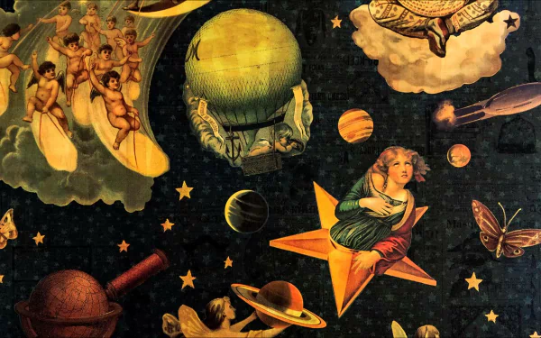 HD PC desktop wallpaper featuring surreal vintage-style celestial and human figures, inspired by The Smashing Pumpkins' music and aesthetic.