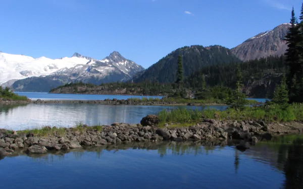 HD desktop wallpaper featuring the serene waters and lush greenery of Garibaldi Lake nestled among rugged mountain peaks under a clear blue sky.