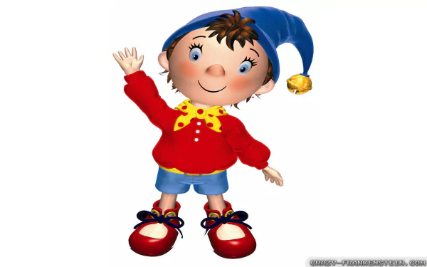 HD PC desktop wallpaper featuring Noddy, the cheerful character from the TV show, dressed in a red shirt, blue shorts, and a blue hat with a bell.