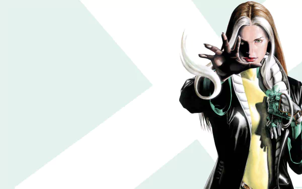 Rogue (Marvel Comics) comic-style HD PC wallpaper: Rogue in green-and-yellow costume reaching forward with a glowing touch, pale X-shaped background.