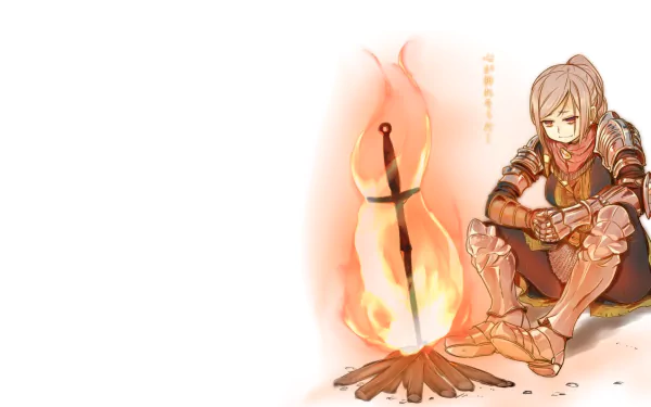 An HD desktop wallpaper featuring a character from Dark Souls II, sitting by a campfire, with an iconic sword resting in the flames. The artwork captures the game's dark and atmospheric style.