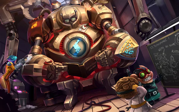 Vibrant HD wallpaper featuring Heimerdinger, Ziggs, and Blitzcrank from League of Legends in an engaging scene full of action and creativity from the game.