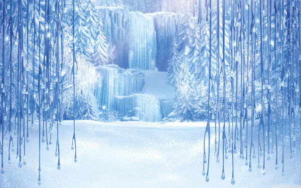 HD desktop wallpaper featuring a serene winter scene from the movie Frozen with icy waterfalls and snow-covered trees, encapsulating a magical frosty landscape.