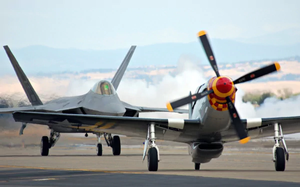 An American Lockheed Martin F-22 Raptor and a North American P-51 Mustang aircraft are shown on a runway, showcasing their military aviation heritage in a vibrant HD wallpaper.