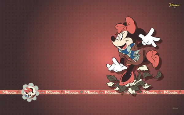 HD desktop wallpaper featuring Minnie Mouse from Disney, depicted in a cheerful stance with a vintage background design. The image is tagged with Minnie Mouse, movie, and Disney.