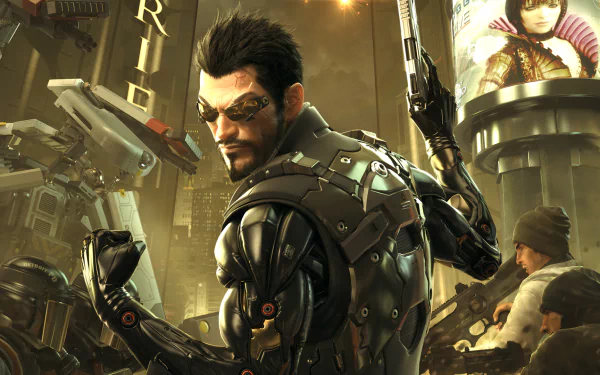 HD PC desktop wallpaper: Adam Jensen from Deus Ex: Human Revolution, armored augmented suit and cybernetic arm raised with pistol against a neon dystopian cityscape.