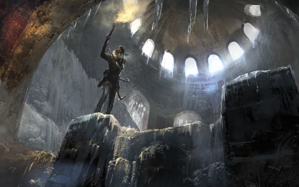 8K Ultra HD PC desktop wallpaper from the video game Tomb Raider: Lara Croft holds a torch atop icy ruins as light streams through a domed cavern.