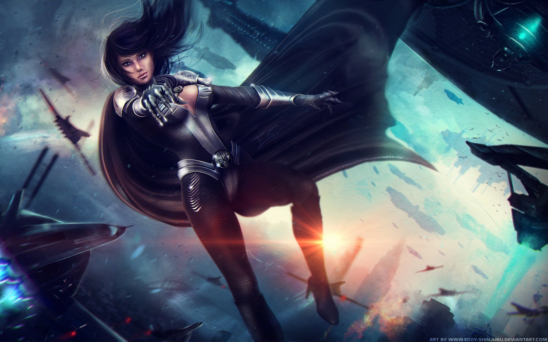 A stunning HD wallpaper featuring a powerful female character from DC Comics, soaring through a dynamic sci-fi backdrop with sleek armor and a dramatic cape.