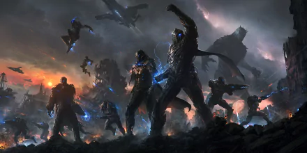 HD desktop wallpaper featuring futuristic soldiers and colossal creatures in a dynamic sci-fi battle scene, accentuated by dramatic lighting and intense action.