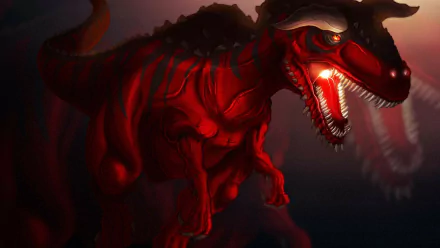 HD PC desktop wallpaper of a blood-red dinosaur from the video game Primal Rage, snarling with glowing eyes and bared teeth against a dark, smoky battlefield background.