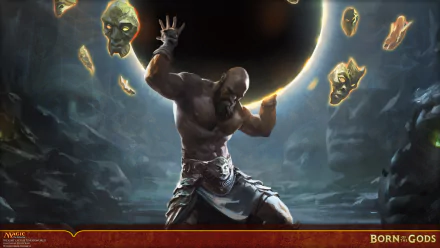 HD PC desktop wallpaper featuring a powerful man-made figure from Magic: The Gathering, set against a dark, mystical background with glowing masks and an eclipse.