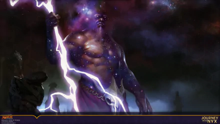 A powerful figure stands amidst dark skies, channeling lightning, inspired by Magic: The Gathering. This striking HD wallpaper showcases a blend of cosmic and mystical elements.
