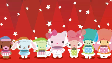 Playful anime-inspired Hello Kitty characters stand together against a vibrant red background adorned with white stars, creating a cheerful and festive desktop wallpaper.