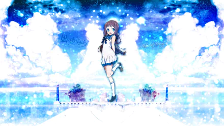HD wallpaper featuring Manaka Mukaido from the anime Nagi no Asukara, with a vibrant background of clouds and a snowy landscape.