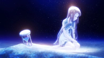 HD desktop wallpaper featuring Manaka Mukaido from the anime Nagi no Asukara, sitting on a rock at night with an ethereal ambiance and a glowing hourglass beside her.
