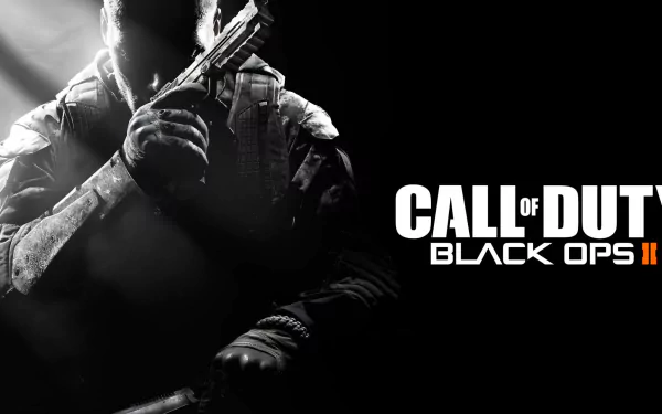 HD PC desktop wallpaper featuring a soldier from the video game Call of Duty: Black Ops II in a dramatic black and white design.