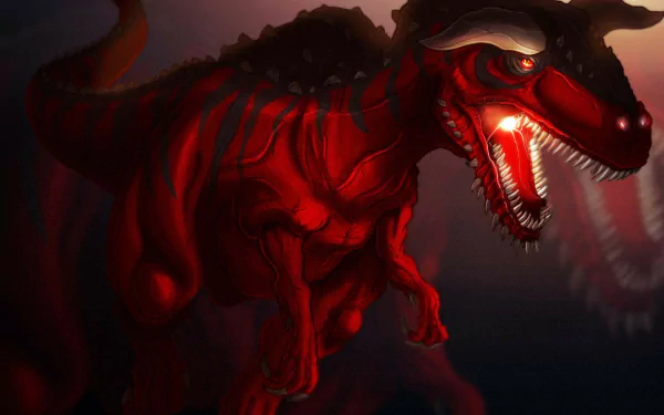 HD PC desktop wallpaper of a blood-red dinosaur from the video game Primal Rage, snarling with glowing eyes and bared teeth against a dark, smoky battlefield background.