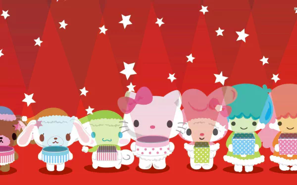 Playful anime-inspired Hello Kitty characters stand together against a vibrant red background adorned with white stars, creating a cheerful and festive desktop wallpaper.