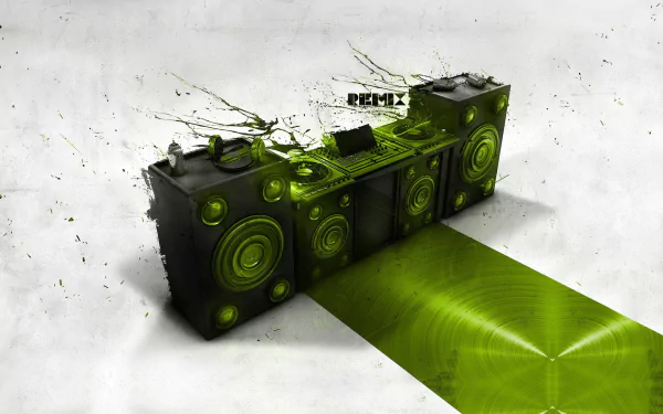A vibrant HD desktop wallpaper featuring a DJ setup with striking green elements and dynamic sound waves, capturing the essence of music and remix culture.
