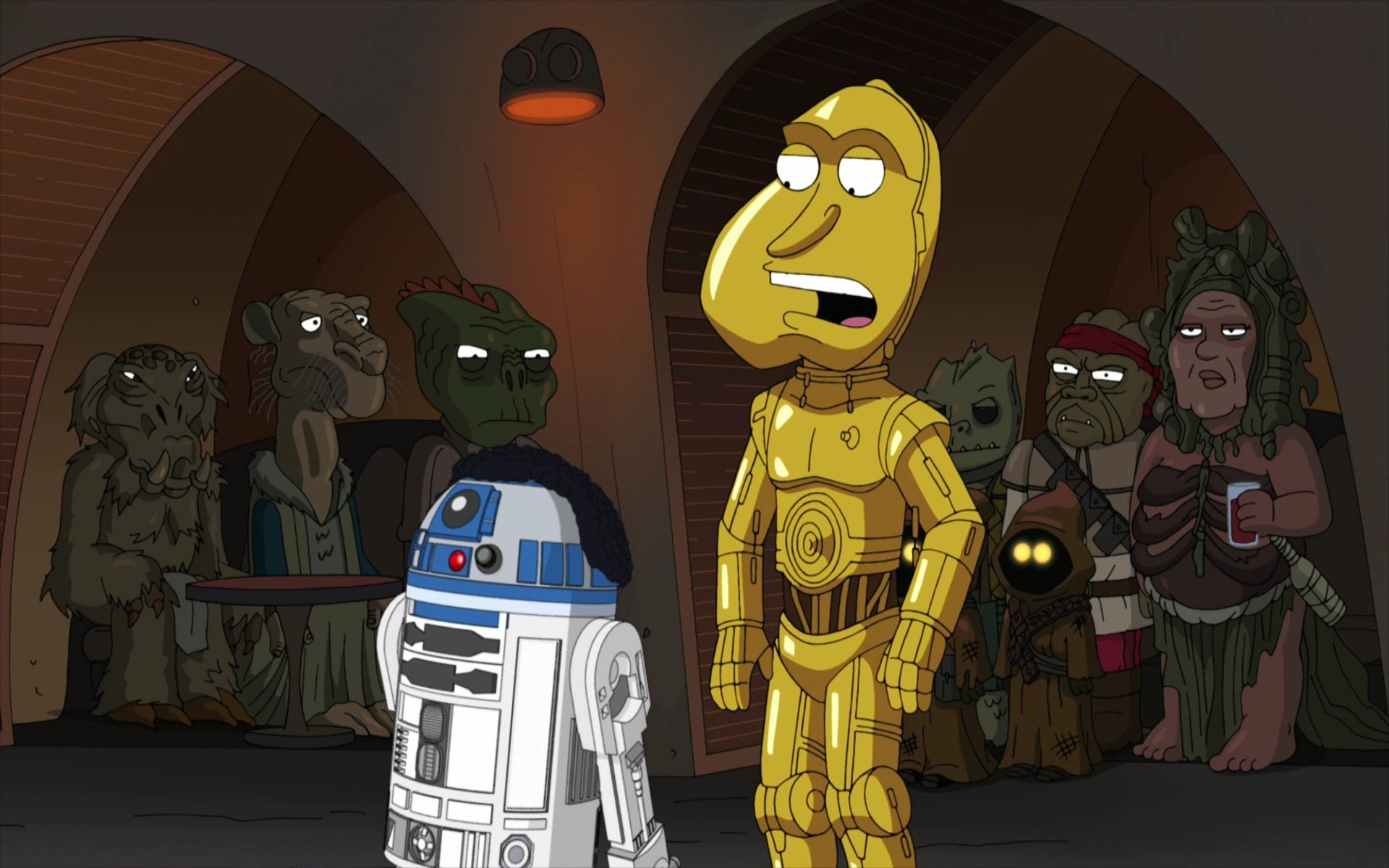 Animated scene from Family Guy parodying Star Wars, featuring cartoon versions of R2-D2 and C-3PO in a dimly lit, alien cantina setting.