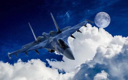 HD desktop wallpaper featuring a Sukhoi Su-35 military aircraft soaring above clouds with a full moon in the night sky. Tags: air force, aircraft, military.