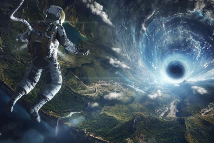 HD wallpaper of an astronaut floating above a surreal landscape with a black hole in the background.