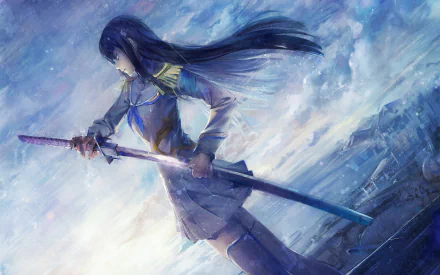 HD desktop wallpaper featuring Satsuki Kiryūin from the anime Kill La Kill, standing with a sword in hand, wearing a skirt, set against a dynamic, cloudy sky background.