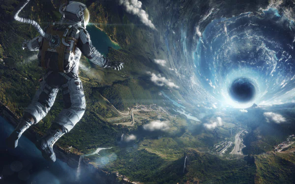 HD wallpaper of an astronaut floating above a surreal landscape with a black hole in the background.