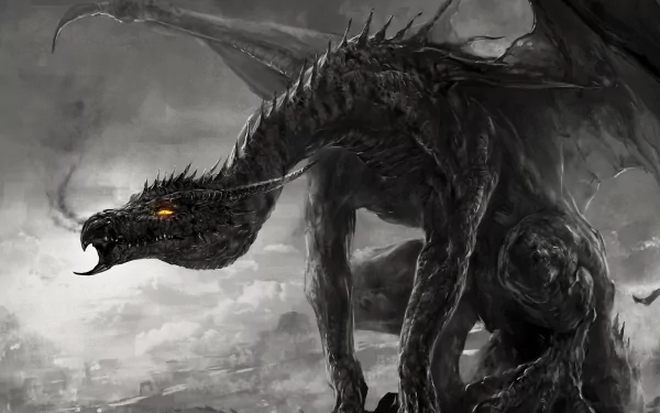 HD fantasy dragon with glowing eyes stands against a stormy sky, detailed scales and wings create a powerful and dark atmosphere in this PC desktop wallpaper.