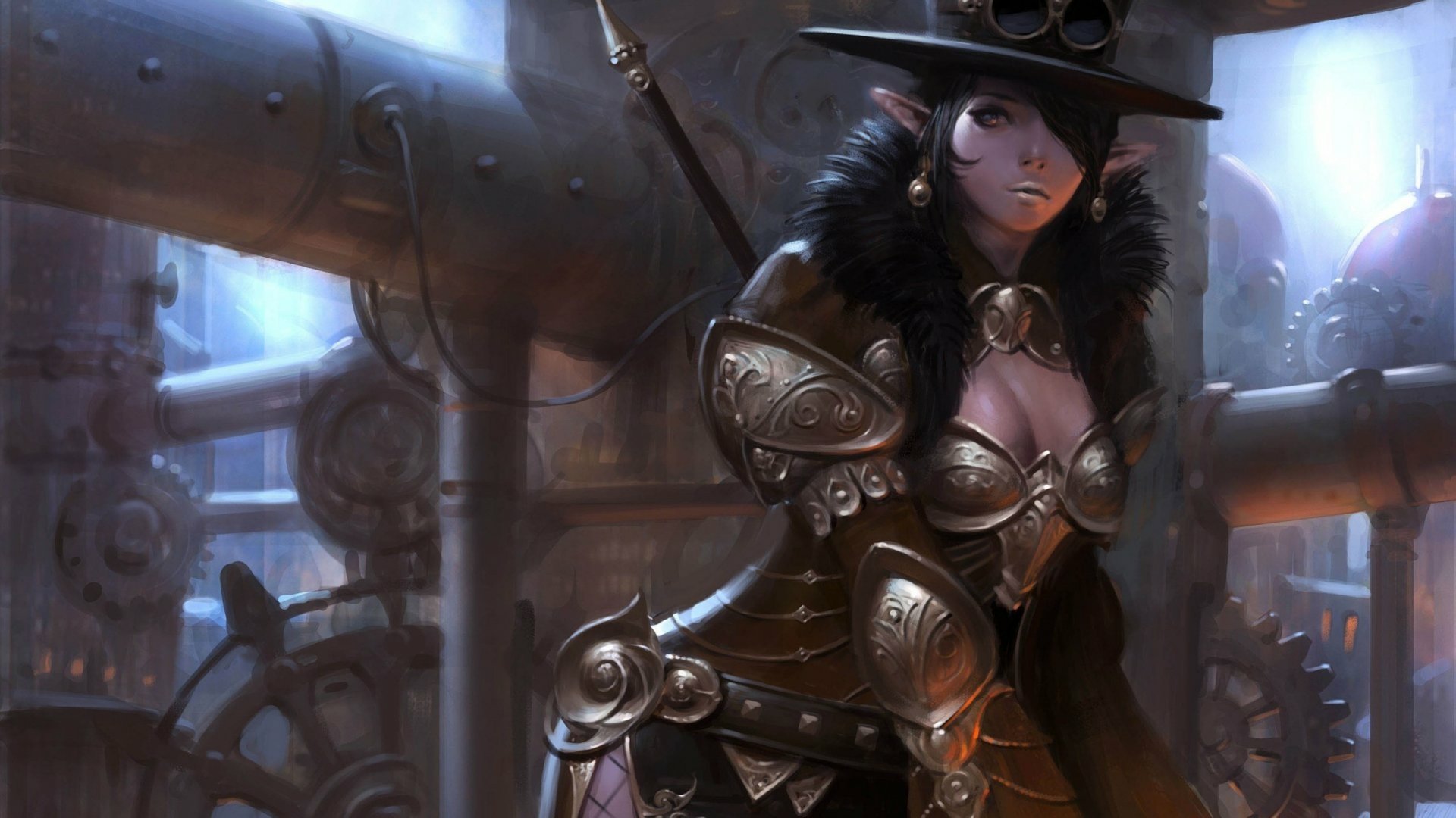 HD PC desktop wallpaper featuring a sci-fi steampunk woman in intricate armor and a top hat, set against a mechanical, industrial background.