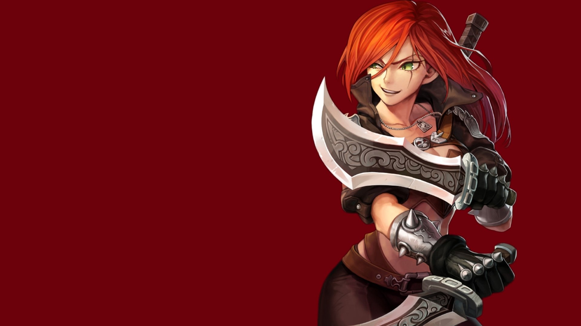 HD PC desktop wallpaper featuring Katarina from the video game League of Legends, with her signature red hair and dual blades against a solid red background.