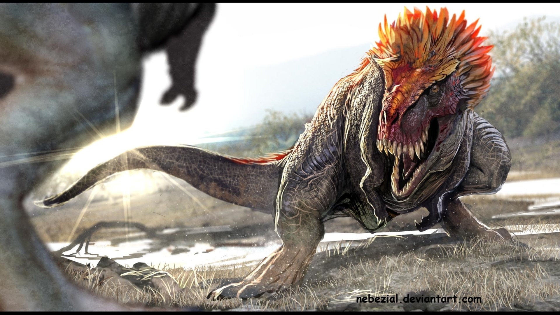 HD desktop wallpaper featuring a fierce Tyrannosaurus Rex with vibrant, fiery scales standing on a grassy plain. The background includes a scenic landscape with a waterbody and distant trees.
