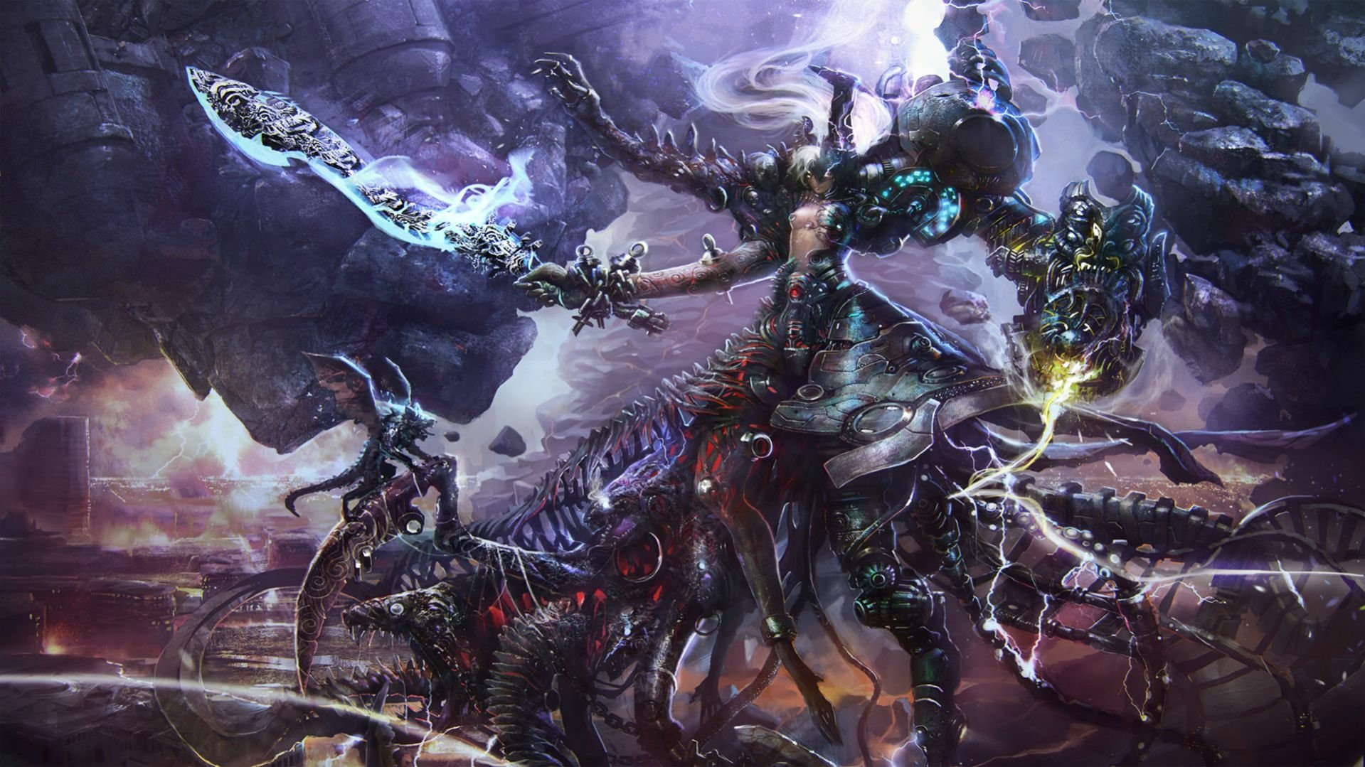 HD PC desktop wallpaper featuring a dark warrior wielding a glowing sword and staff, standing amidst a stormy, mystical battlefield with intense, dramatic lighting.