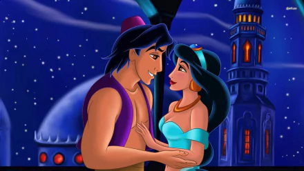 HD desktop wallpaper from the 1992 Aladdin movie featuring Aladdin and Jasmine gazing at each other under a starry night sky with palace towers in the background.