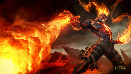 An intense HD wallpaper from League of Legends, featuring a fiery character unleashing flames against a dramatic backdrop of volcanic rocks.