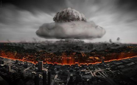 A dramatic HD wallpaper depicting a large explosion with a mushroom cloud looming over a cityscape, highlighting a powerful military theme.