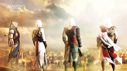 HD PC desktop wallpaper featuring four hooded characters from the video game Assassin's Creed: Unity overlooking a sunlit, misty cityscape.