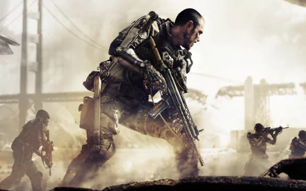 A high-definition desktop wallpaper featuring intense action from Call of Duty: Advanced Warfare, showcasing soldiers in futuristic armor amidst a dramatic battlefield.