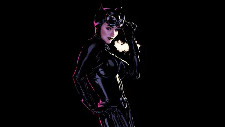 HD PC desktop wallpaper featuring a comic-style Catwoman in a sleek black suit with cat ears and goggles, set against a dark background.