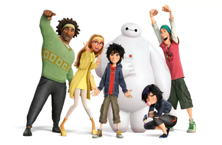 A vibrant 4K Ultra HD wallpaper featuring characters from the movie Big Hero 6, showcasing a diverse group of friends and their lovable robot companion.